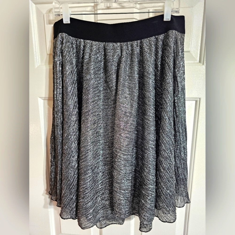 Cato Women’s L Midi Skirt Silver Black Metallic Pleated Y2K Preppy Party Sparkle - Picture 2 of 6